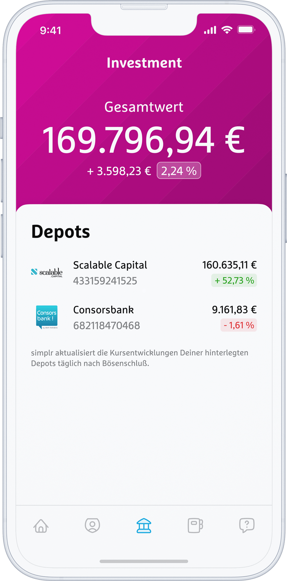 screenshot of smartphone with simplr app investment overview